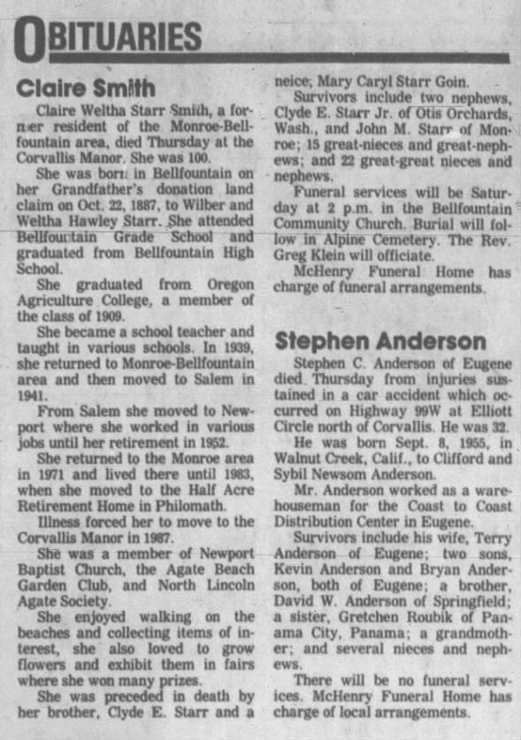 Claire Weltha Starr Smith Obituary Corvallis OR Gazette-Times 1987-11-27 Fri Pg 14
